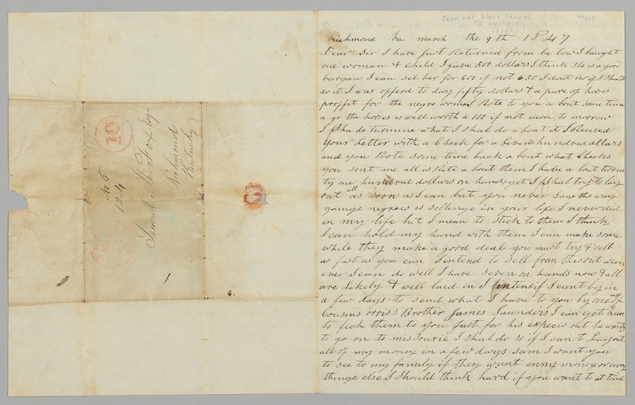 Letter to Samuel Fox from Giles Saunders Regarding the Slave Trade, March 9, 1847 by Giles Saunders