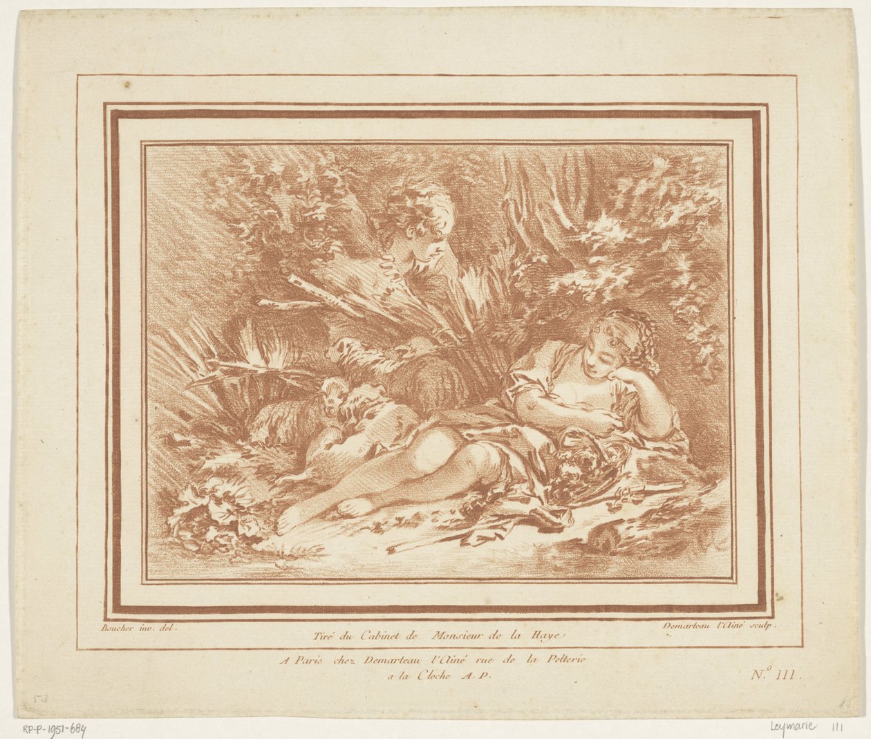 Reclining Shepherdess with Sheep and Shepherd with Flute by Gilles Demarteau