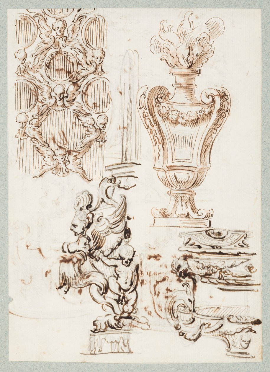 A Pierced Screen, Urn, a Fountain and Two Basins by Gilles Marie Oppenord