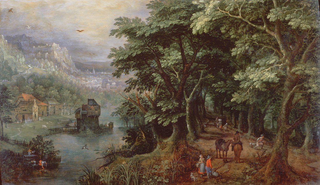 Landscape with figures in an avenue by Gillis van III Coninxloo