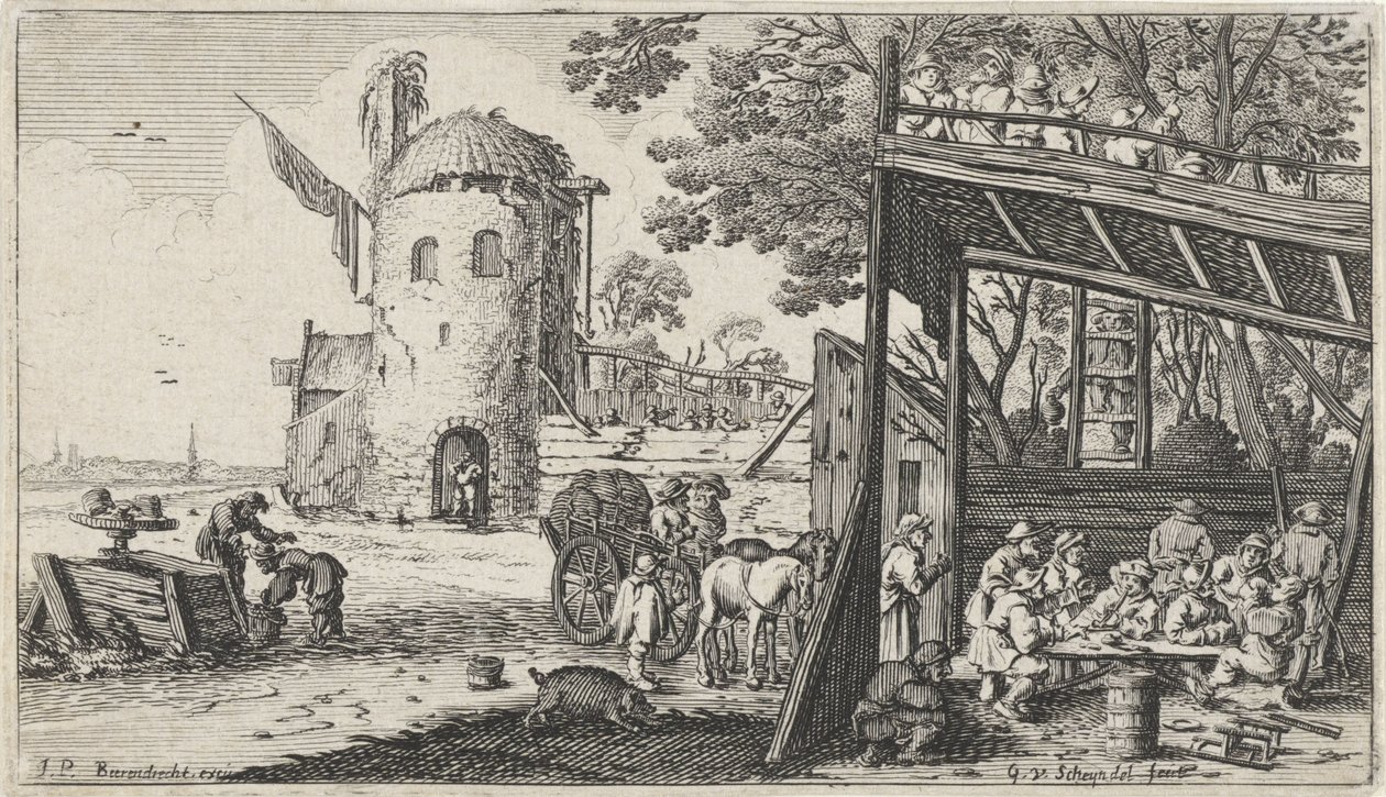 Farmers Around a Table in a Barn (Taste), Landscapes with the Five Senses (series title) by Gillis van Scheyndel (I)