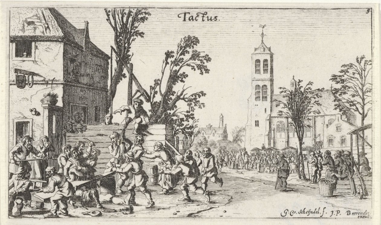 Fight at an Inn (The Sense of Touch) (Landscapes with the Five Senses series) by Gillis van Scheyndel (I)