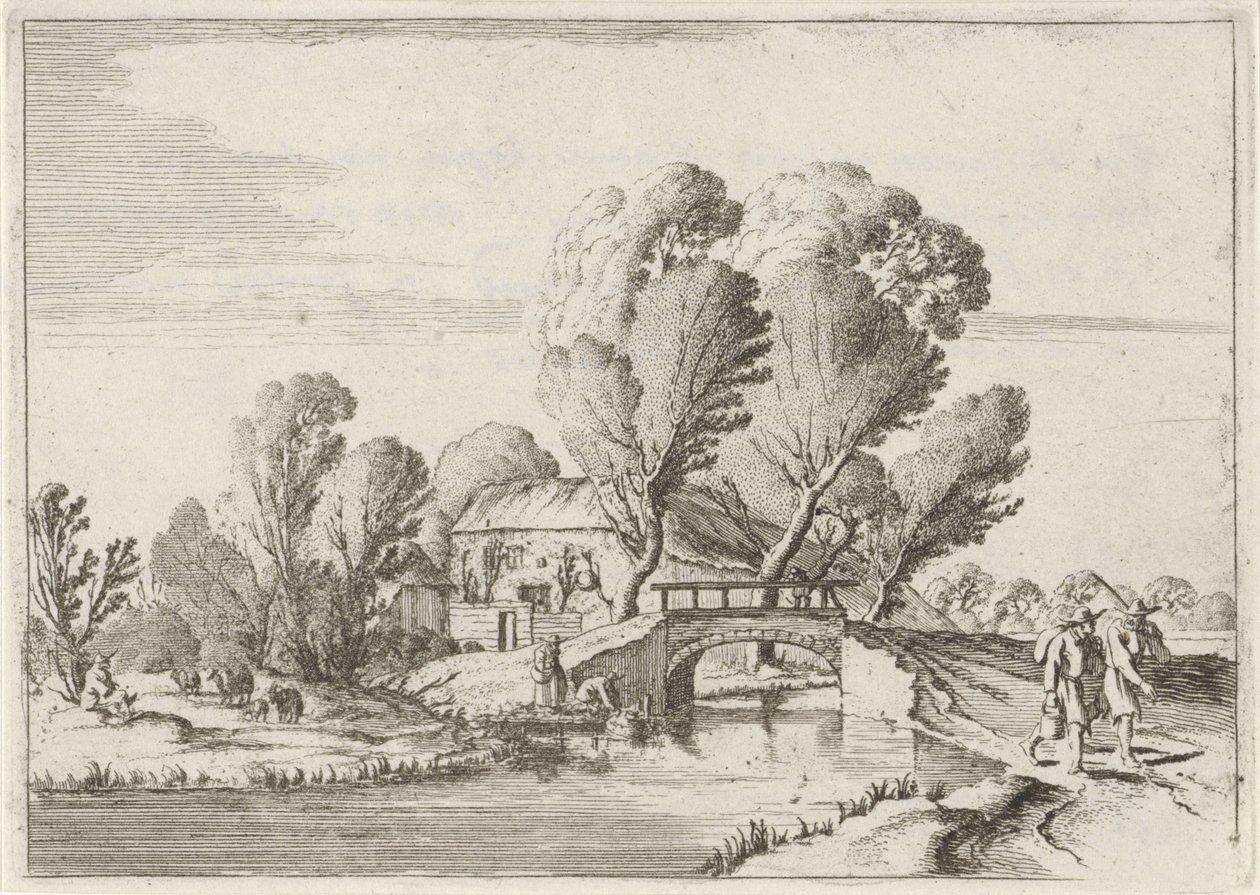 Two Walkers by a Canal (Seven Landscapes series) by Gillis van Scheyndel (I)
