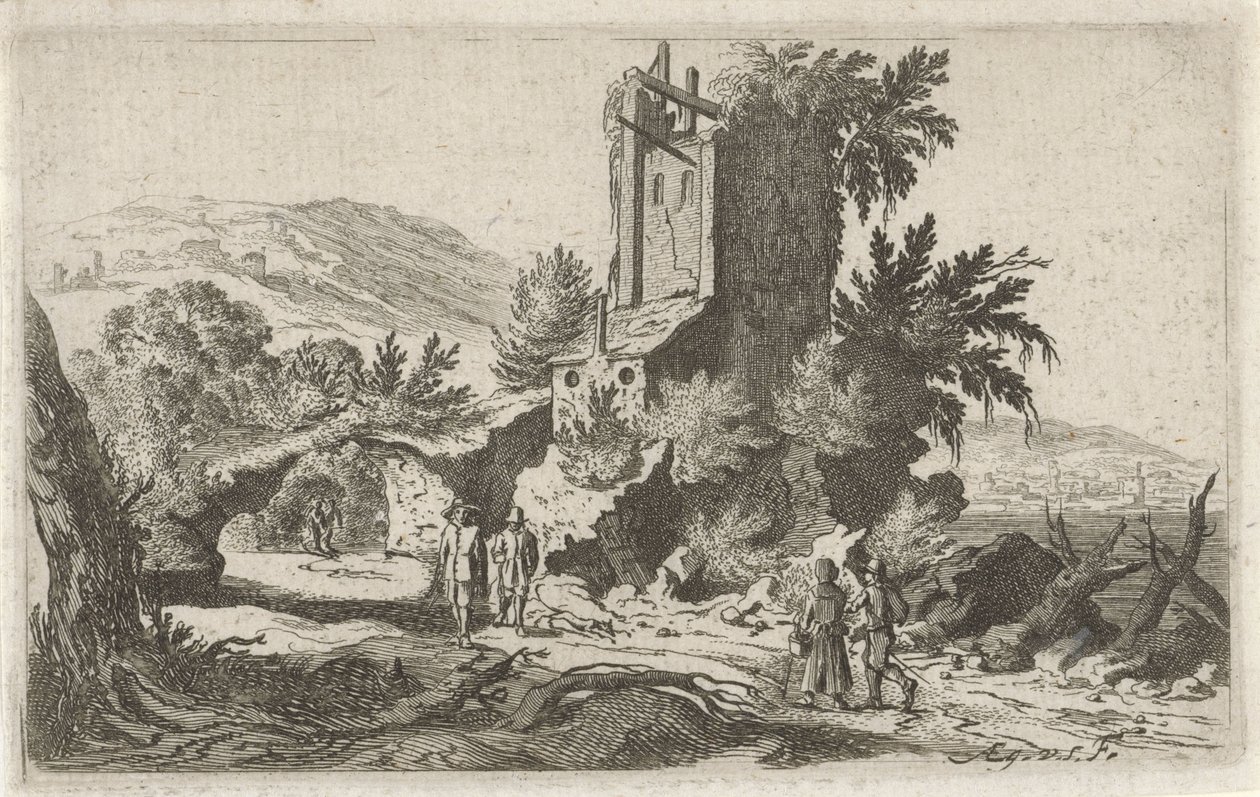 Walkers by a Ruin (series title: Six Landscapes) by Gillis van Scheyndel (I)