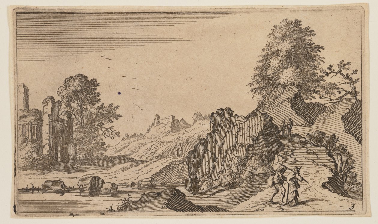 Pedestrians on a Path by Rocks, Ruins Beyond Water at Left, from Twelve Landscapes by Gillis van Scheyndel