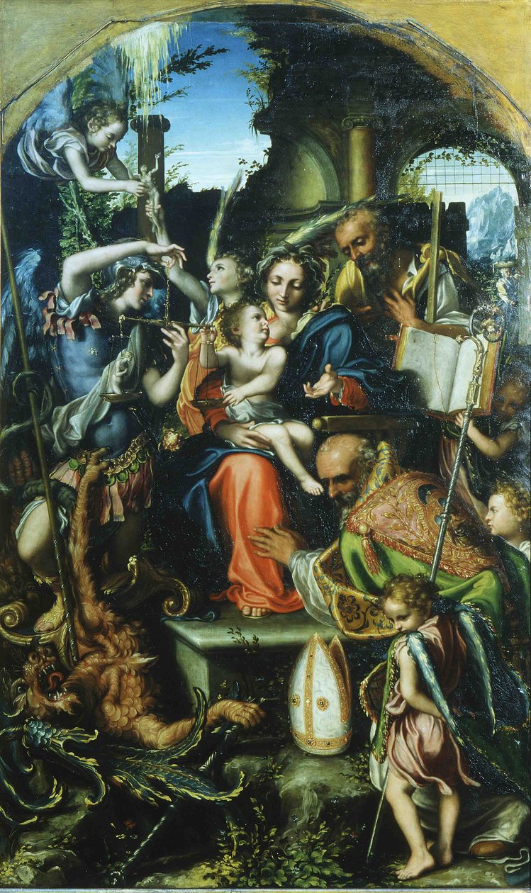 Holy Family with Saint Michael the Archangel and the Devil Disputing Souls by Giorgio Gandini