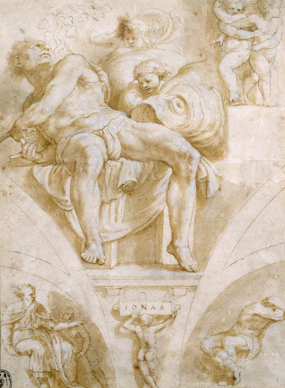 The Prophet Jonah and Two Destroyed Lunettes (design for the Sistine Chapel) by Giorgio Giulio Clovio