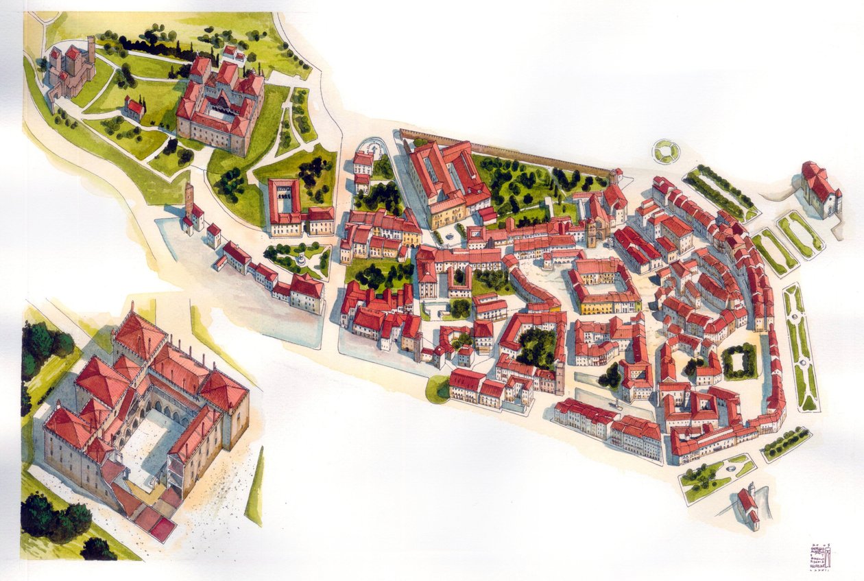 Aerial view of the city of Guimaraes: on the left the castle and monastery built in the 11th century. Portugal. Illustration by Giorgio Albertini. by Giorgio Albertini