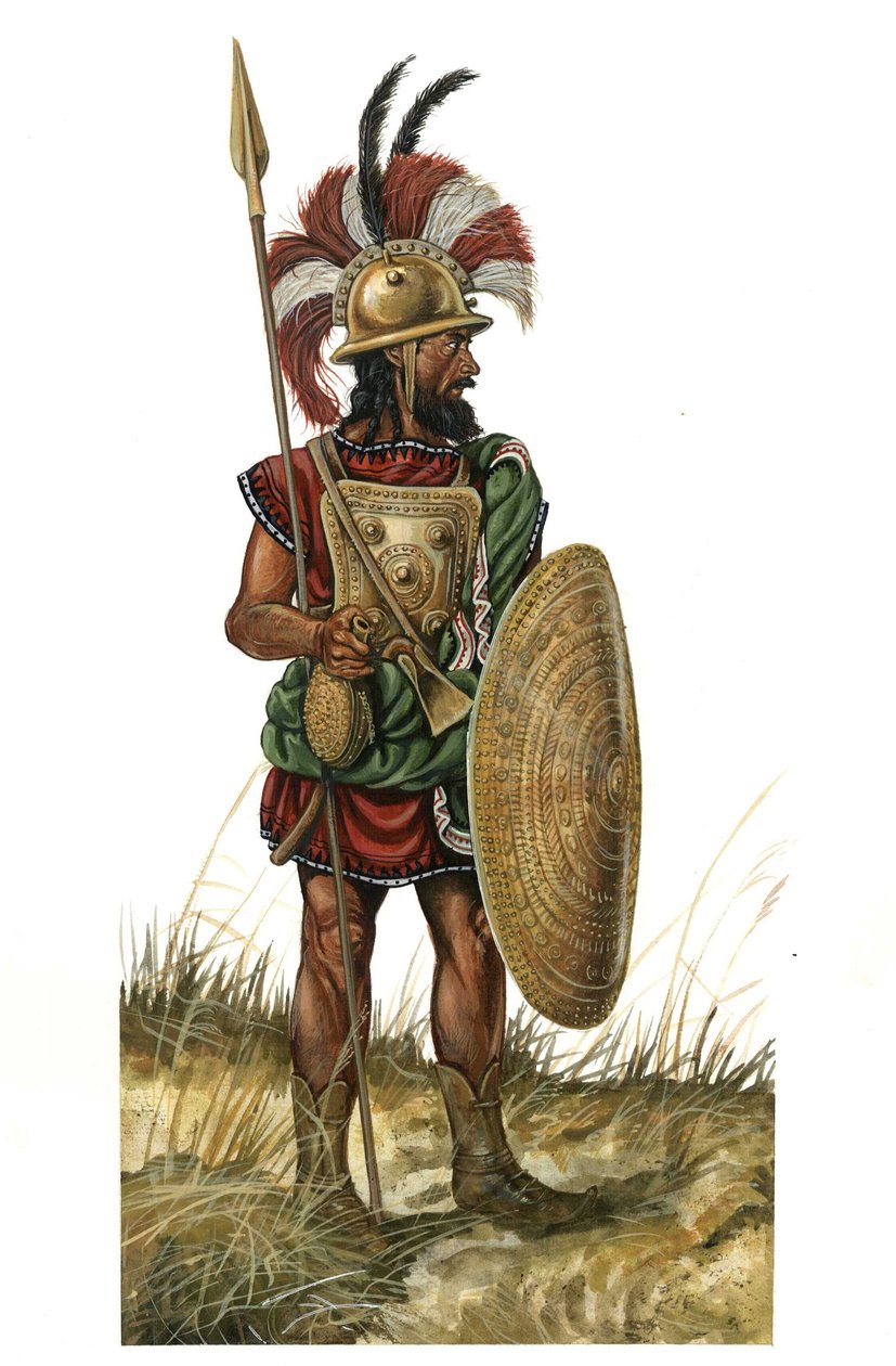 Ancient Rome: representation of a warrior weapon, helmet, shield, spear (monarchical period of the 8th century BC) by Giorgio Albertini