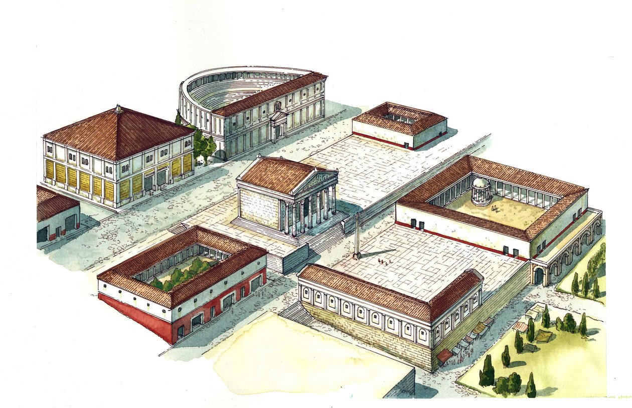 Ancient Rome: Reconstruction of the Center of Naples with the Amphitheatre and Temple, Italy by Giorgio Albertini