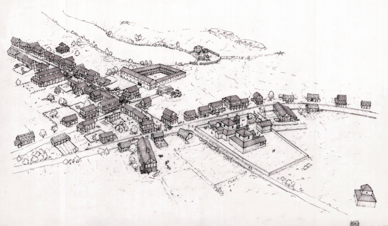 Ancient Rome: Reconstruction of a Village in Roman Britain (Britannia) in the 2nd Century, Illustration by Giorgio Albertini by Giorgio Albertini