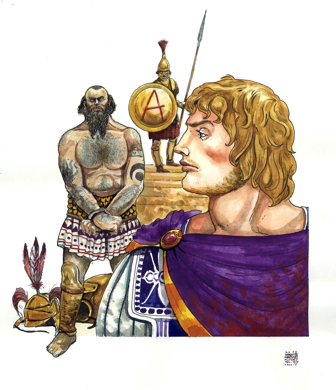 Antiquity: the king of Macedonia Alexander the Great, behind him Phoenician pirates whose fleets he destroyed around 332 BC. by Giorgio Albertini