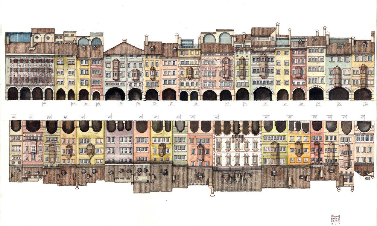 Architecture: view of Via dei Portici, covered gallery with portico, Bolzano, Italy. Illustration by Giorgio Albertini. by Giorgio Albertini