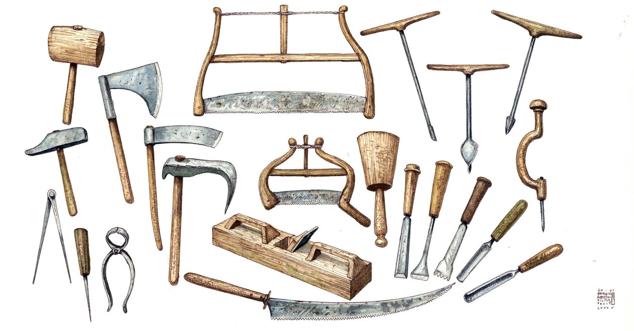 Board describing the tools used by the carpenter: axe, compass, hammer, pliers, saws, drill. by Giorgio Albertini