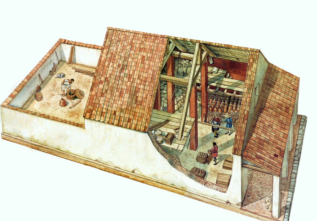 Byzantine Architecture: Reconstruction of a Class Store, Warehouse of the Classe Docks Area, Port of Ravenna, 7th Century, Italy by Giorgio Albertini