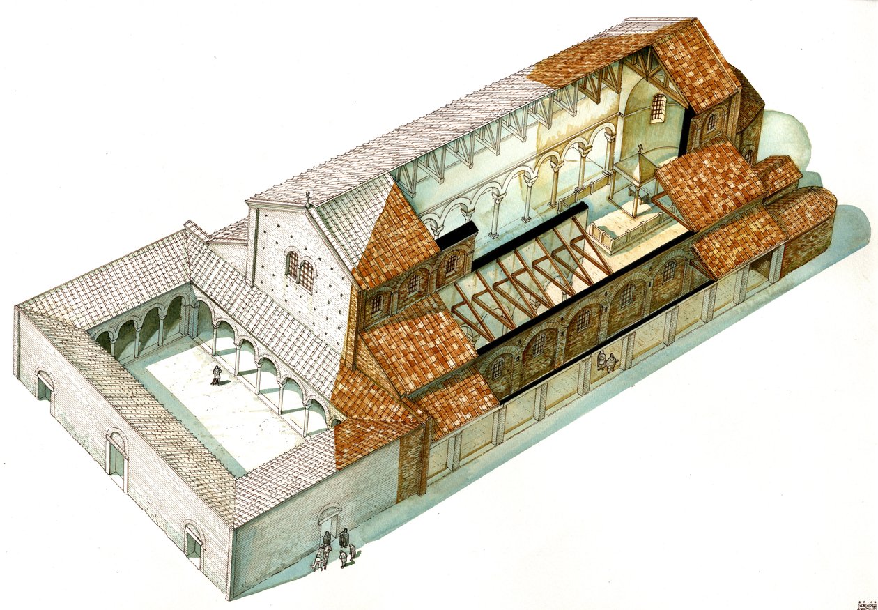 Byzantine Art: Reconstruction of the Basilica of Cabianca, Founded Under Emperor Justinian I in Ravenna, Italy by Giorgio Albertini