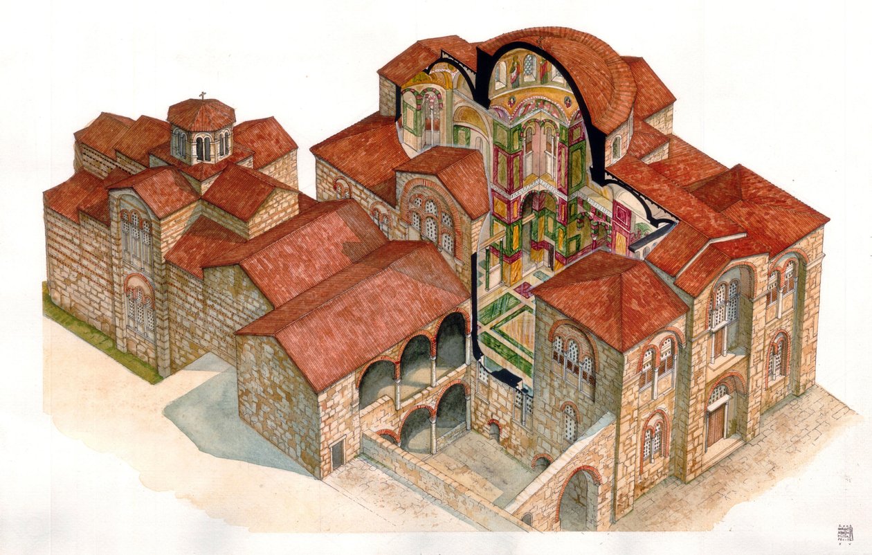 Byzantine art: view and architectural section of the monastery of Hosios Loukas, built in the 11th century, Greece. by Giorgio Albertini