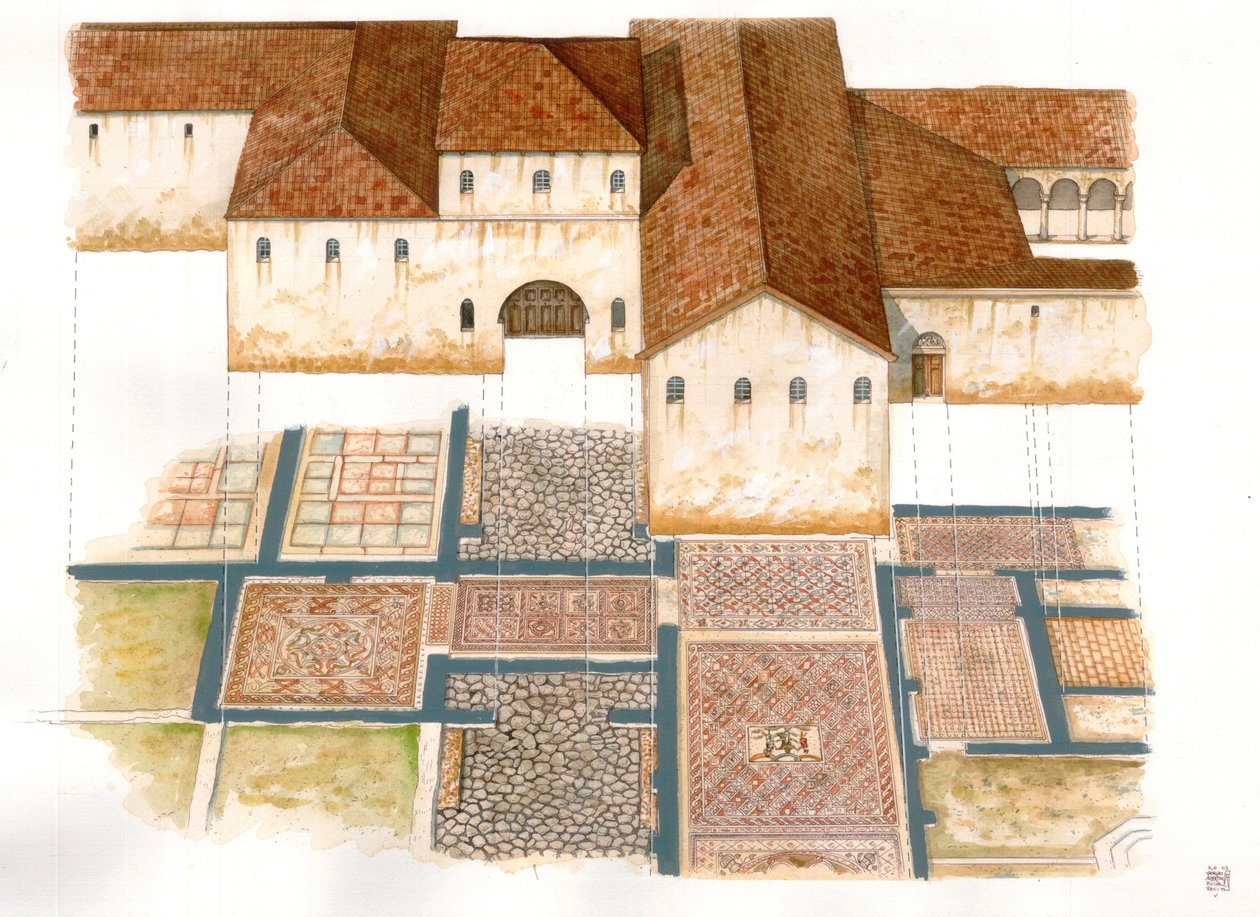 Byzantine art: view of the Domus site of stone carpets in Ravenna, 6th century, composed of Byzantine palace mosaics. by Giorgio Albertini