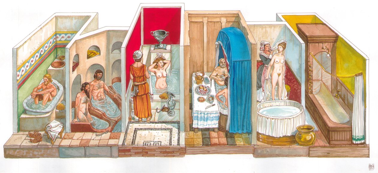 Daily life: evolution of sanitary systems and hygiene: board representing baths, toilets from antiquity to modern times. by Giorgio Albertini