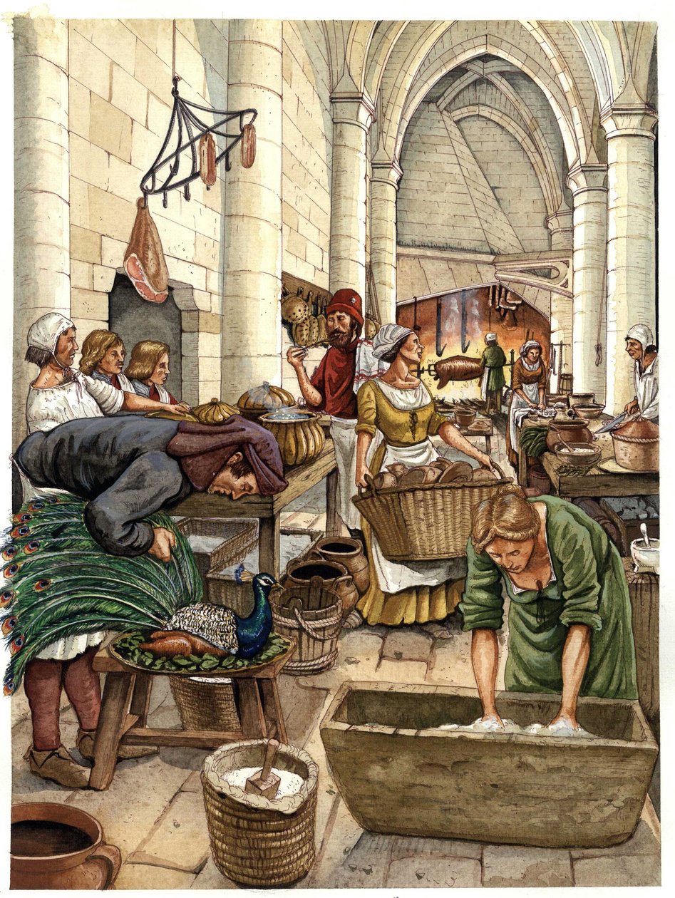 Daily Life in the Middle Ages: Preparing Meals in a Castle Kitchen, 15th Century by Giorgio Albertini