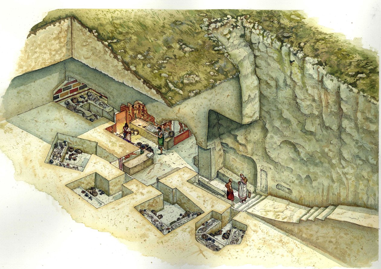 Etruscan Civilization: Reconstruction and Section of the Francois Tomb of Vulci, 3rd Century BC, Italy by Giorgio Albertini