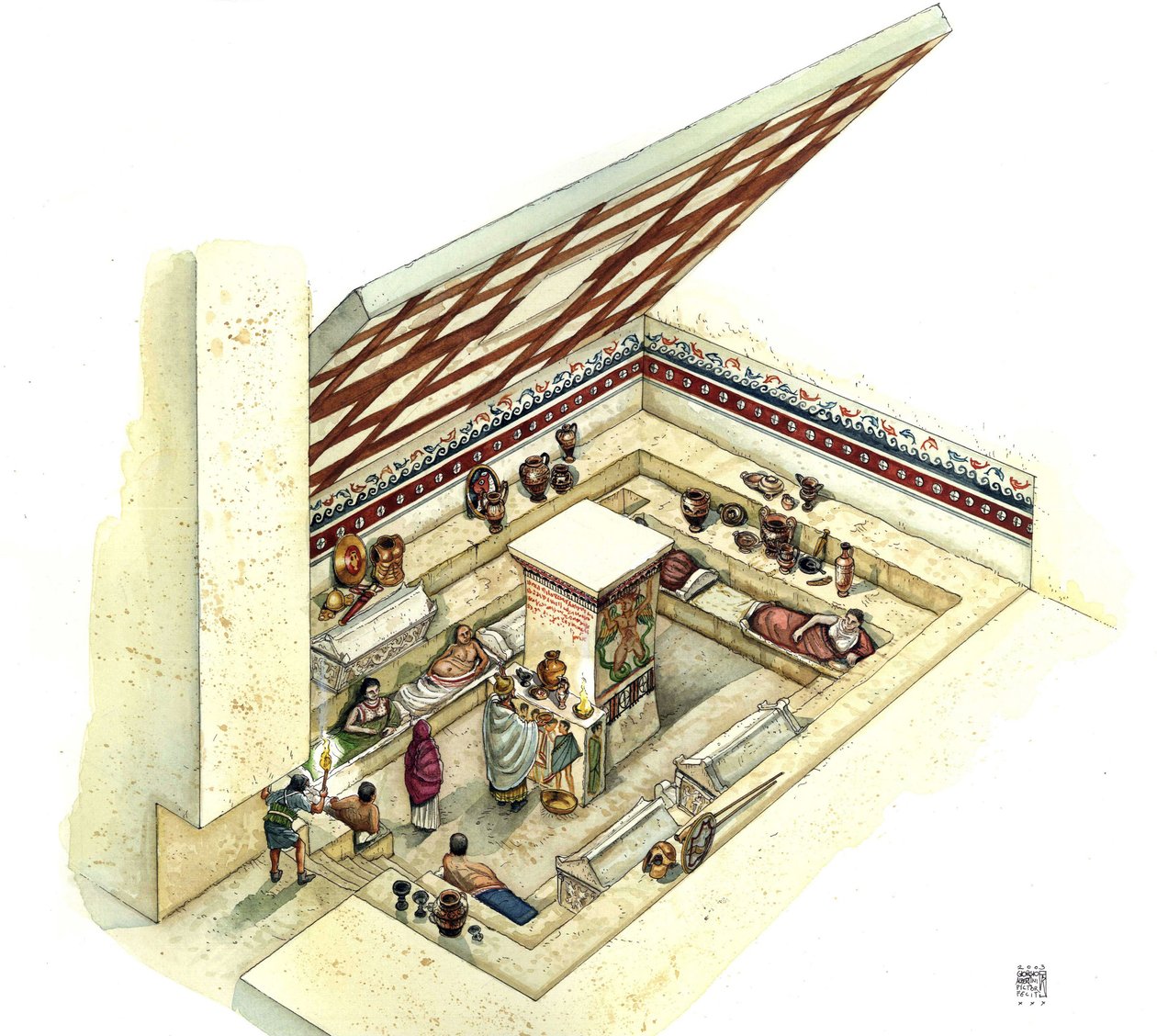 Etruscan Civilization: Reconstruction and Section of the Tomb of the Typhoon, Necropolis of Tarquinia, 2nd Century BC, Italy by Giorgio Albertini