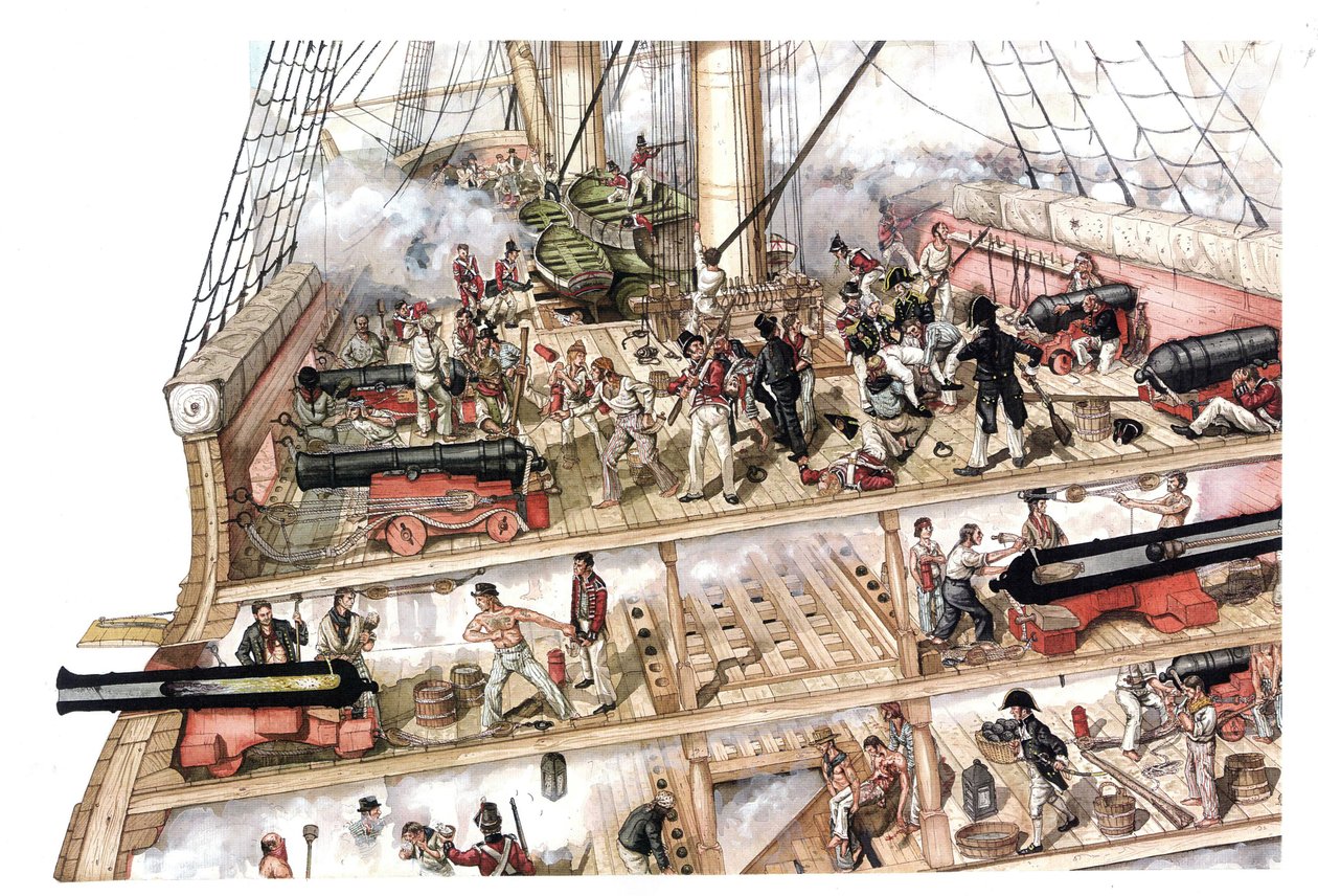 Napoleonic Wars: Battle of Trafalgar, 21/10/1805, between the Franco-Spanish fleet under Admiral Villeneuve and the British fleet commanded by Vice Admiral Nelson. Cross-section of the ship showing the interior. by Giorgio Albertini