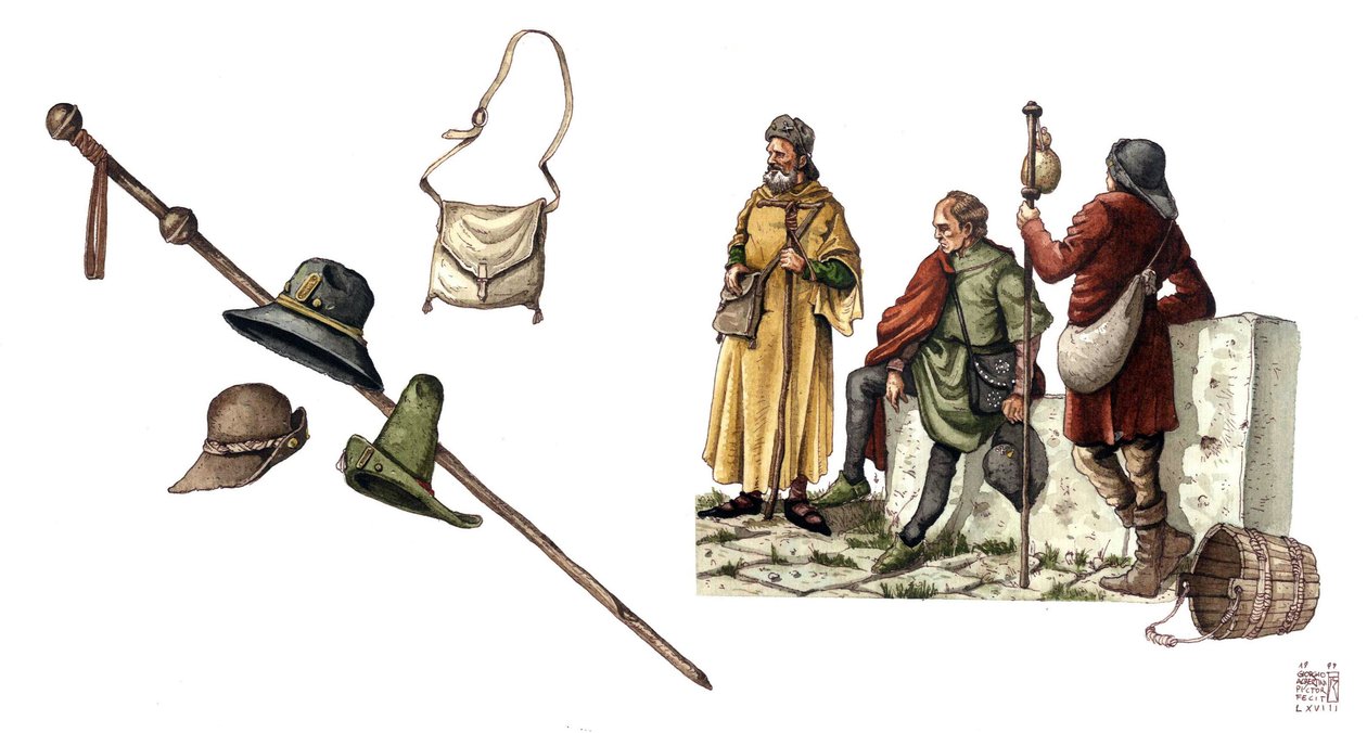 Medieval Fashion: Pilgrim Costume Between the 12th and 14th Century, Bag, Hats, Cane, Tunics by Giorgio Albertini