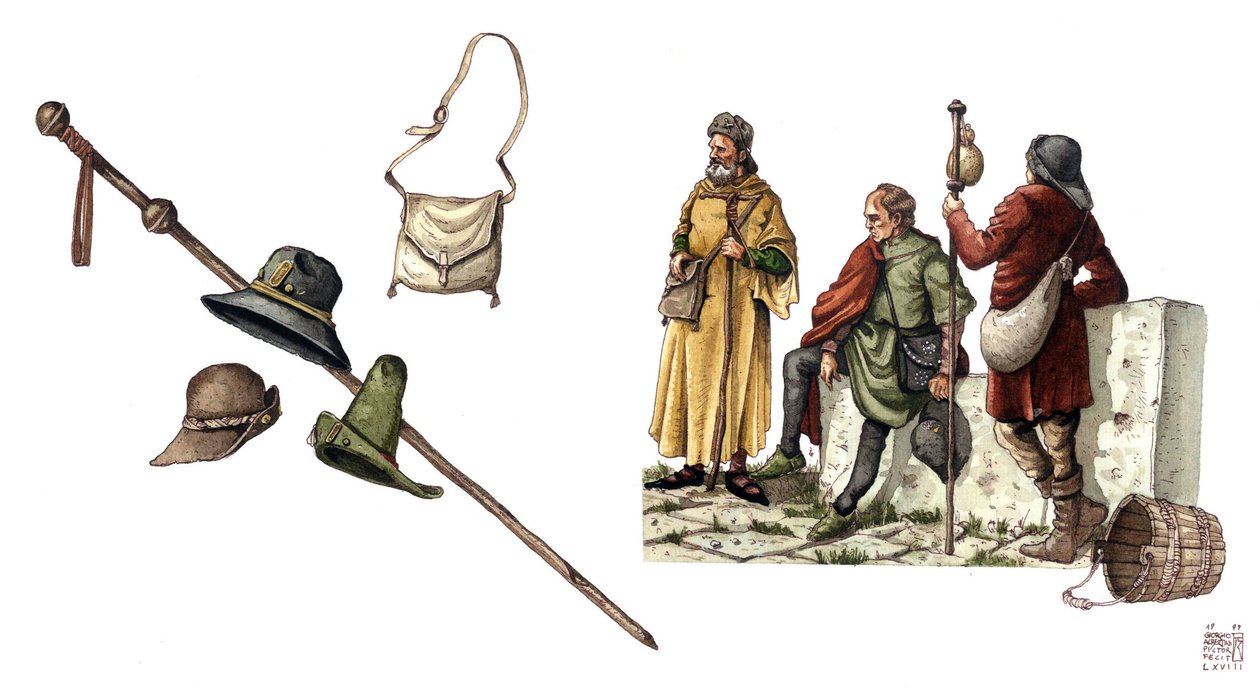 Medieval fashion: pilgrim costume between the 12th and 14th century, including bag, hats, cane, tunics. by Giorgio Albertini