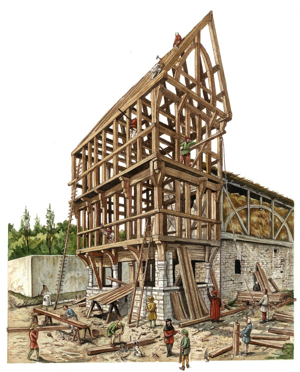 Middle Ages: Construction Site in Northern France, 14th Century, Carpenters Working on a Barn, Illustration by Giorgio Albertini by Giorgio Albertini
