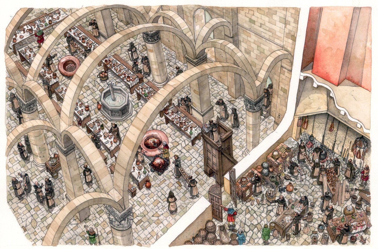 Middle Ages: a refectory and a kitchen in a monastery. Religious work to prepare community meals. 12th or 13th century by Giorgio Albertini