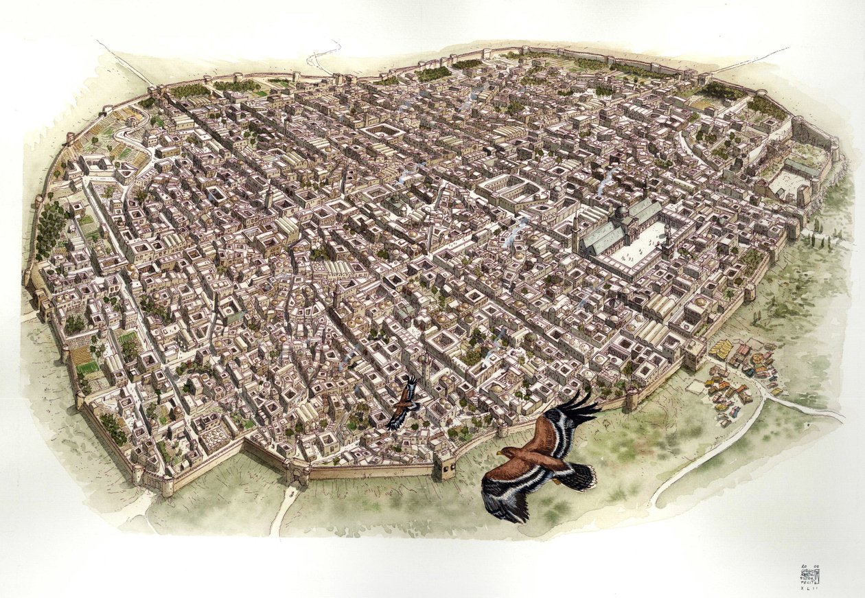 Middle Ages: aerial view of Damascus, Syria, when it was part of the Ottoman Empire. by Giorgio Albertini
