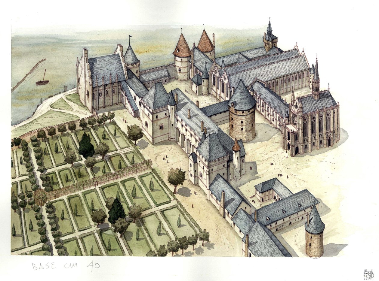 Middle Ages: aerial view of the Concierge Palace in Paris as it was in the 15th century, when it became a prison. by Giorgio Albertini