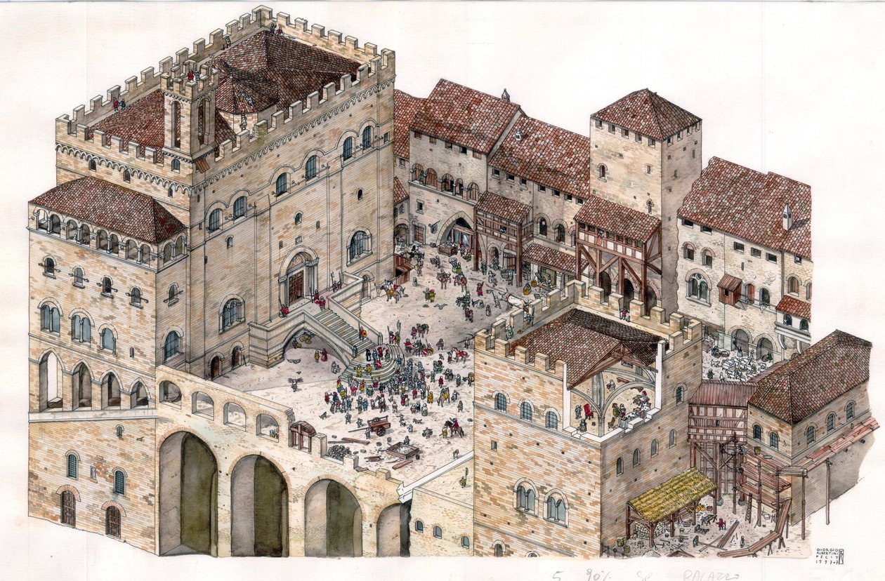 Middle Ages: aerial view of the central square of Gubbio, Umbria, Italy, 14th century. Consuls Palace visible on the left. by Giorgio Albertini