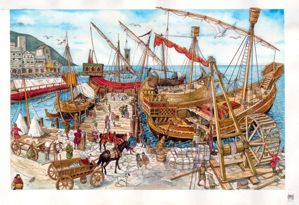 Middle Ages: commercial activities, loading boats in a port in Liguria, Italy, 14th century. by Giorgio Albertini