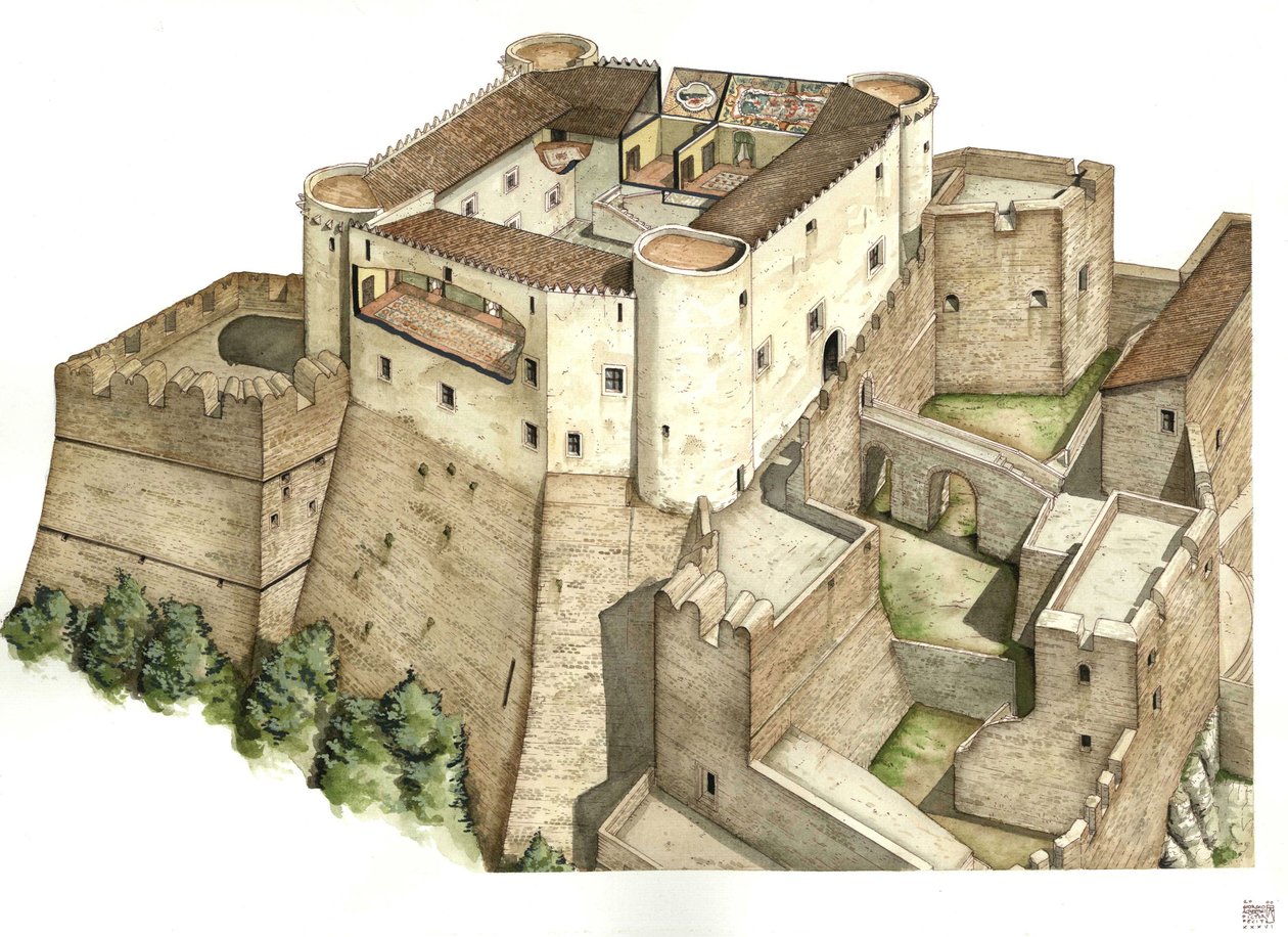 Middle Ages: Reconstruction of the Castle Santa Severina, Built in the 11th Century, Calabria, Italy, Illustration by Giorgio Albertini by Giorgio Albertini