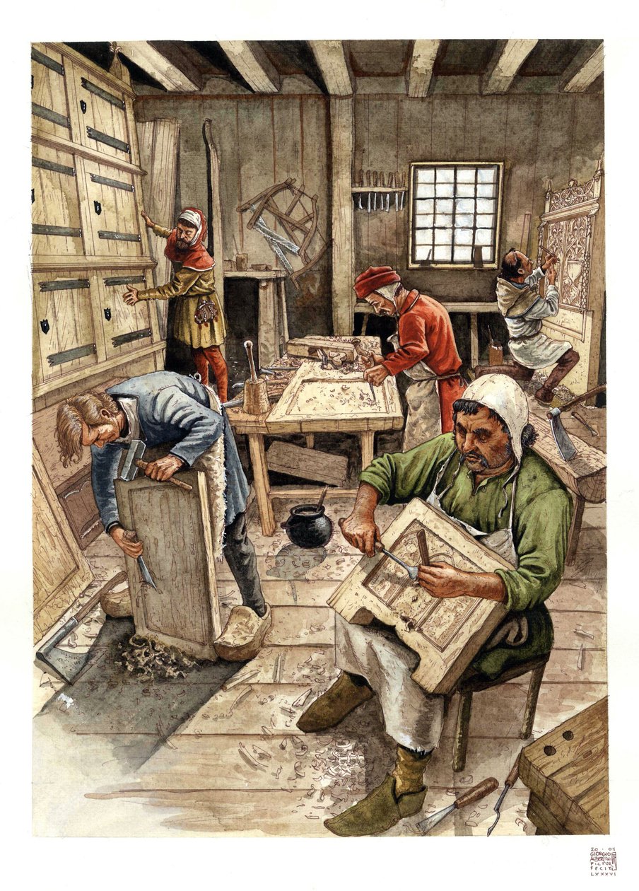 Middle Ages: representation of a woodworking workshop in the 15th century. by Giorgio Albertini