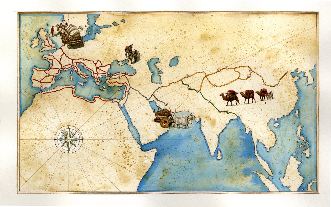 Middle Ages: Main Roads Crossing Europe, Roman Roads, Silk Road to China by Giorgio Albertini