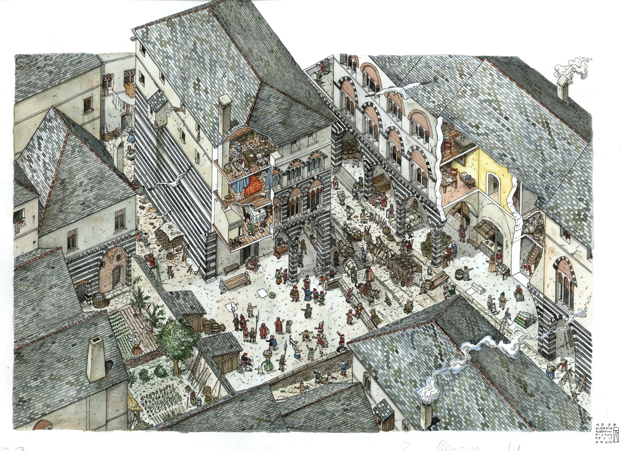 Middle Ages: view of a palace of the merchant nobility in Genoa, 15th century, Italy. Illustration by Giorgio Albertini. by Giorgio Albertini