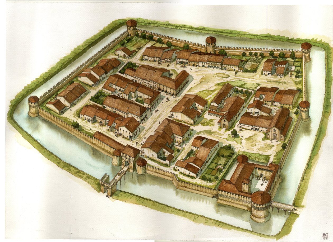 Middle Ages: View of the Fortified Town of Bagnara di Romagna at the End of the 15th Century, Italy by Giorgio Albertini