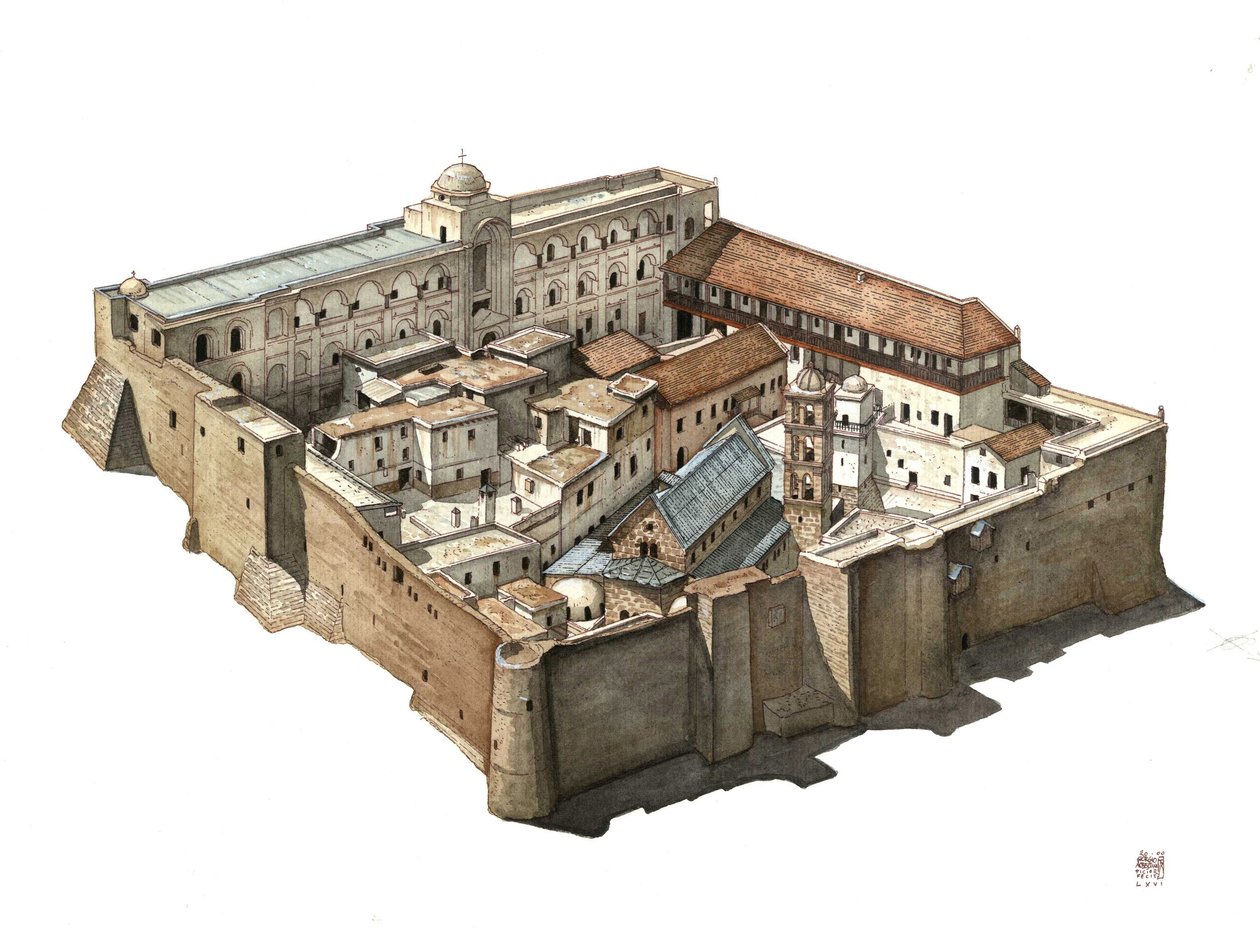 Overview of the Orthodox monastery of St. Catherine of Sinai, Egypt. Illustration by Giorgio Albertini. by Giorgio Albertini
