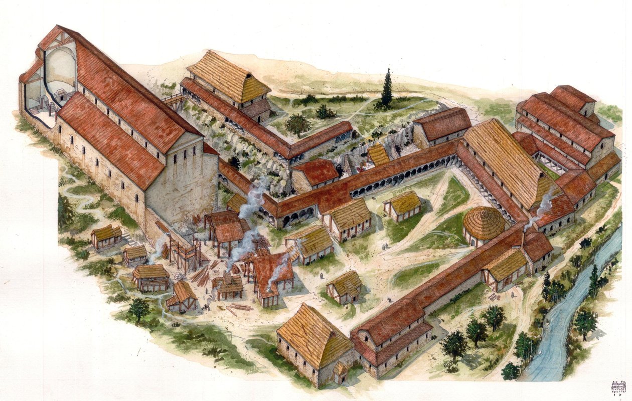 Preroman art: aerial view of the Benedictine monastery of Saint Vincent of Volturne, founded in the 8th century, Castel San Vincenzo, Italy. Illustration by Giorgio Albertini. by Giorgio Albertini