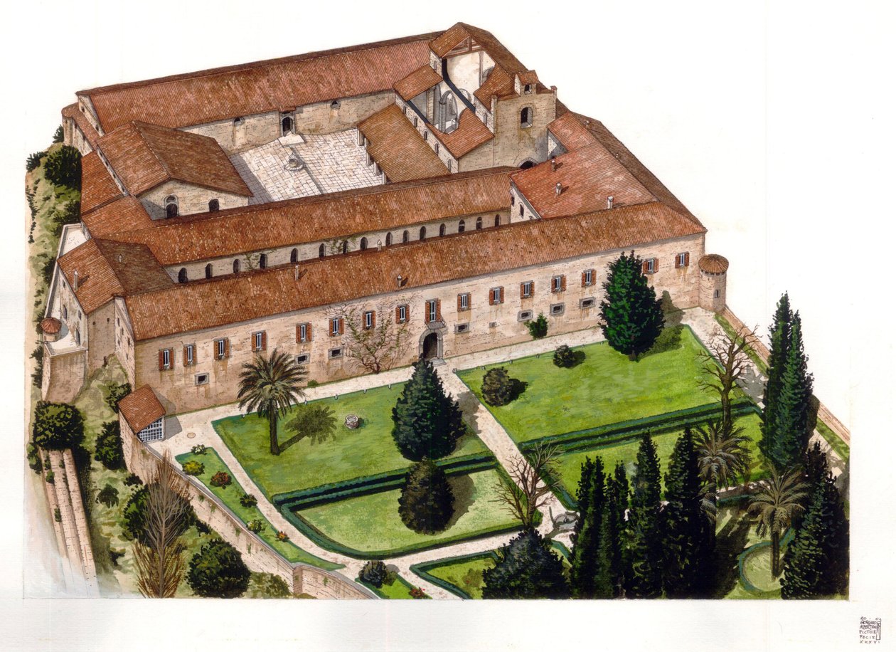 Reconstruction of the Nelson Castle, built in 1173, which Ferdinand III of Sicily offered to Admiral Horatio Nelson in 1799, in Bronte near Catania in Sicily, Italy. Illustration by Giorgio Albertini. by Giorgio Albertini