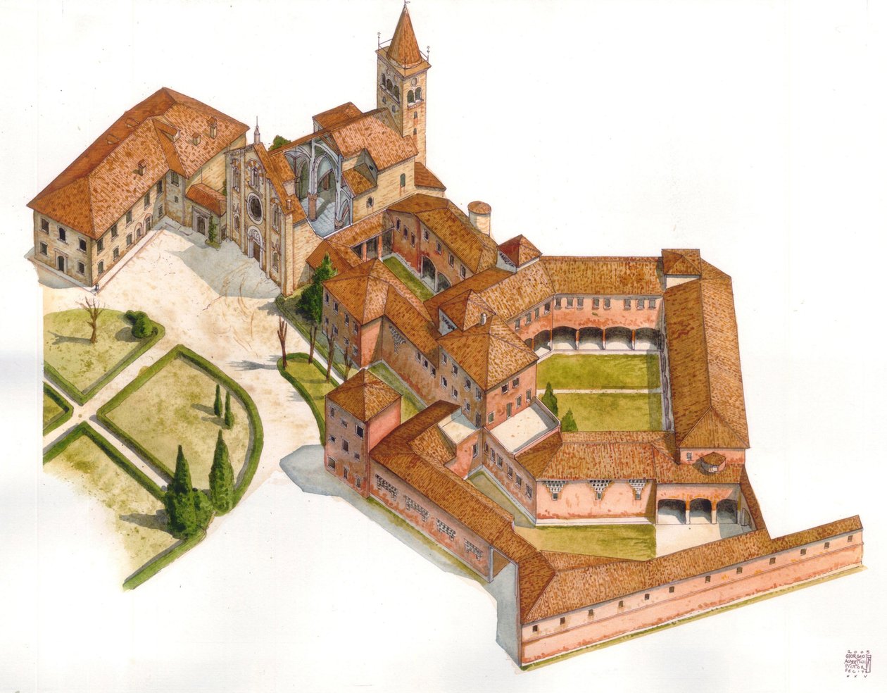 Romanogothic art: aerial view of Viboldone Abbey, built between 1176 and 1348, San Giuliano Milanese, near Milan, Italy. Illustration by Giorgio Albertini. by Giorgio Albertini