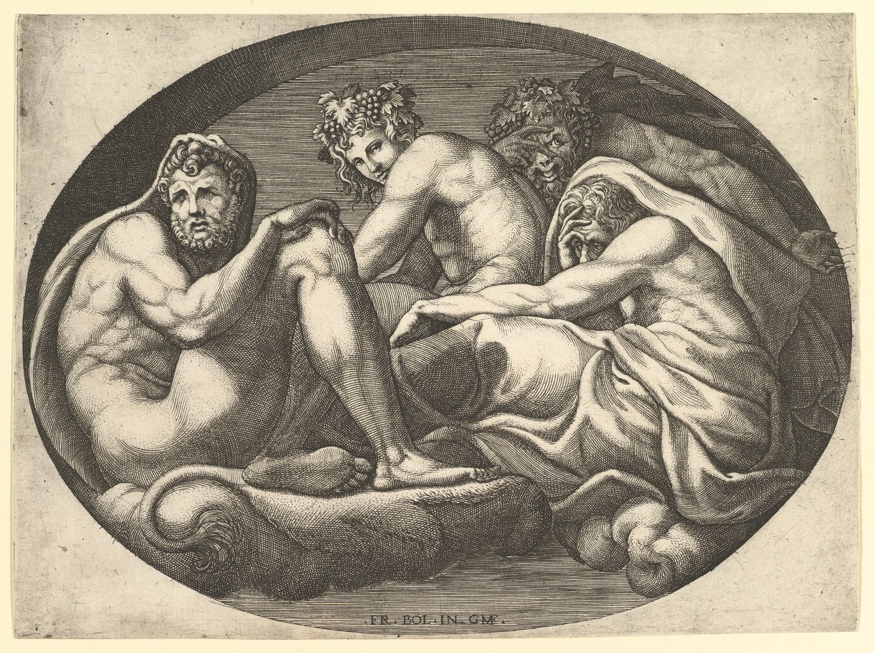 Hercules, Bacchus, Pan, and Saturn, from a series of eight compositions after Francesco P... by Giorgio Ghisi