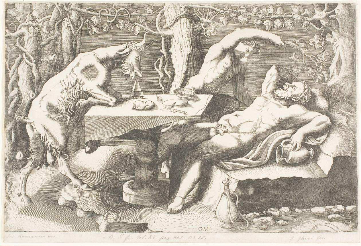 Satyr Trying to Wake Silenus with a Grapevine by Giorgio Ghisi