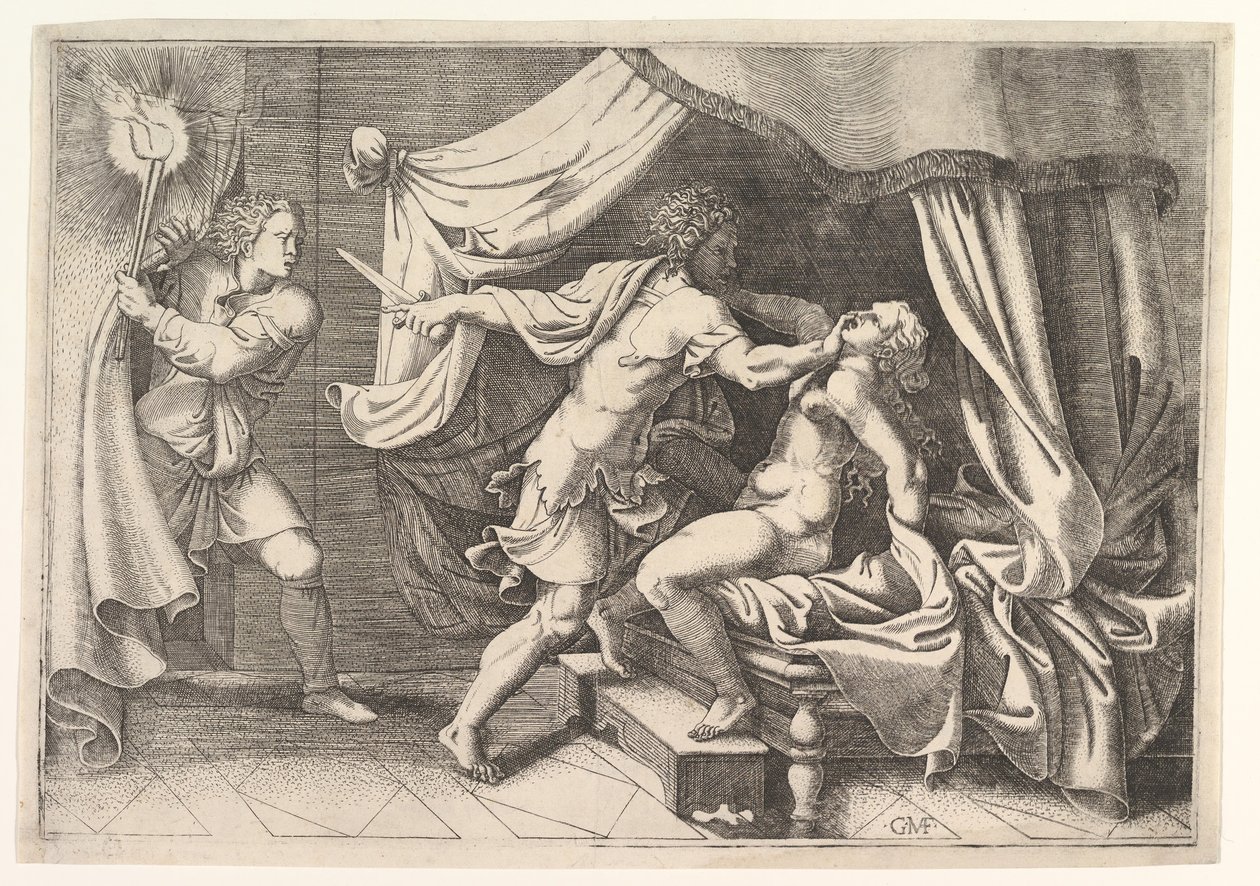 Tarquin attacking Lucretia, a servant at left witnessing the scene by Giorgio Ghisi