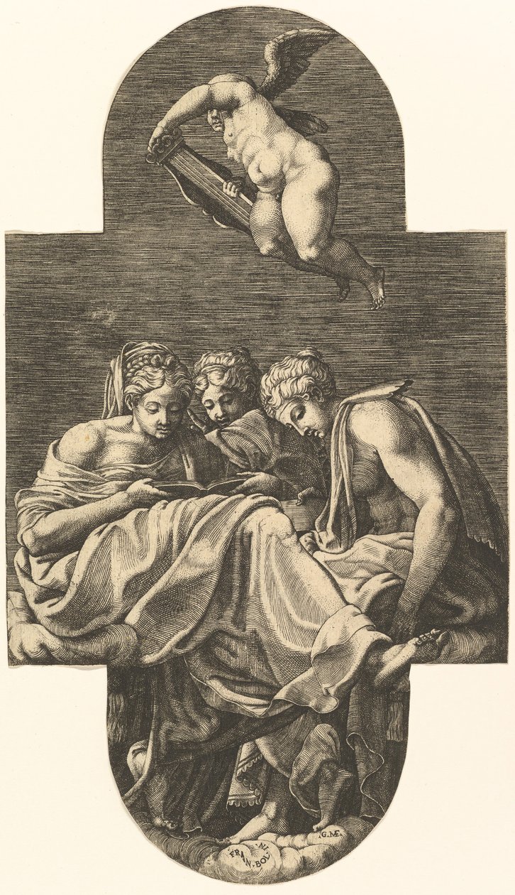 Three Muses and a Putto Above with a Lyre, from a Series of Eight Compositions after Francesco by Giorgio Ghisi