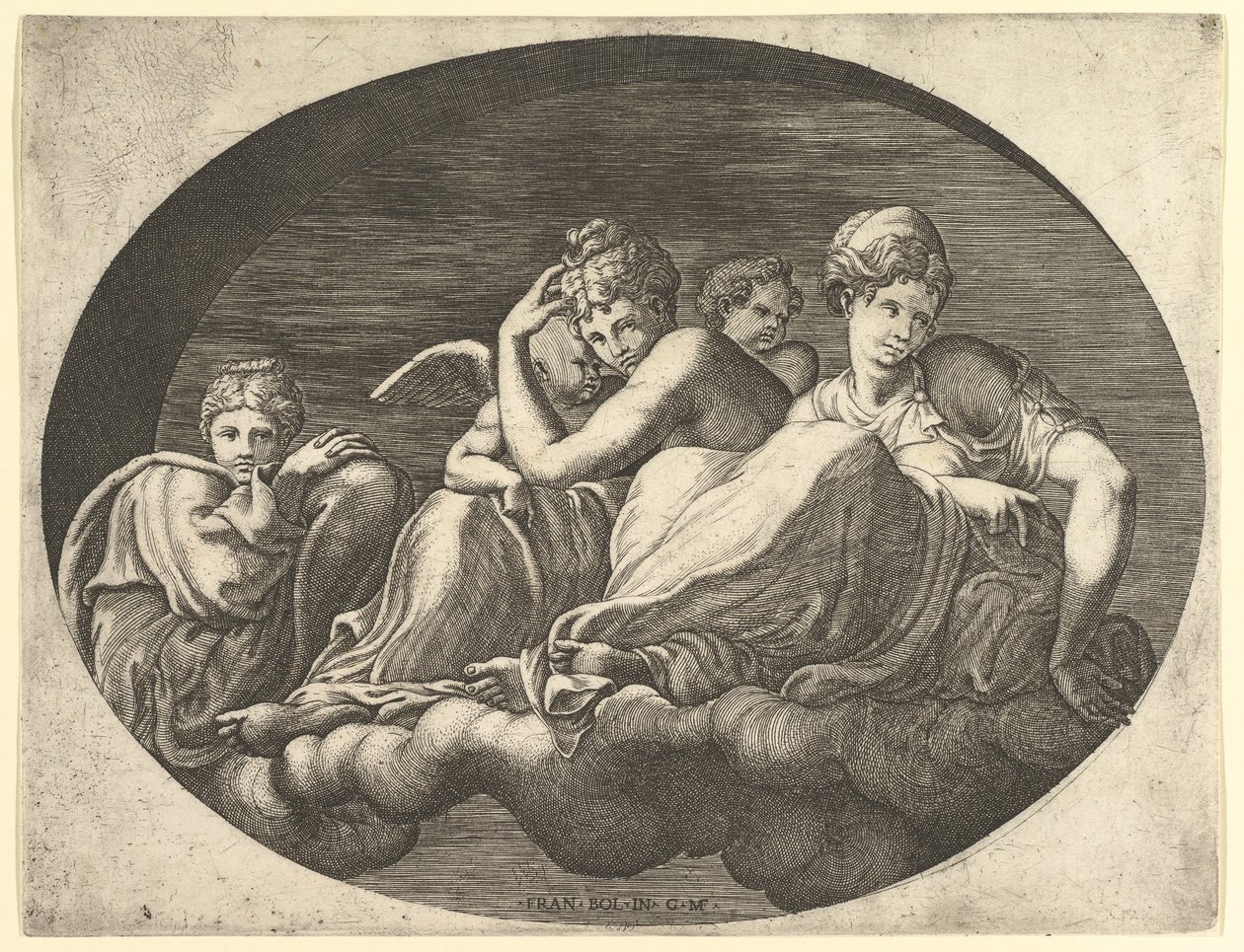 Venus and Cupid, Two Other Goddesses, and a Putto, from a Series of Eight Compositions, 1560s by Giorgio Ghisi