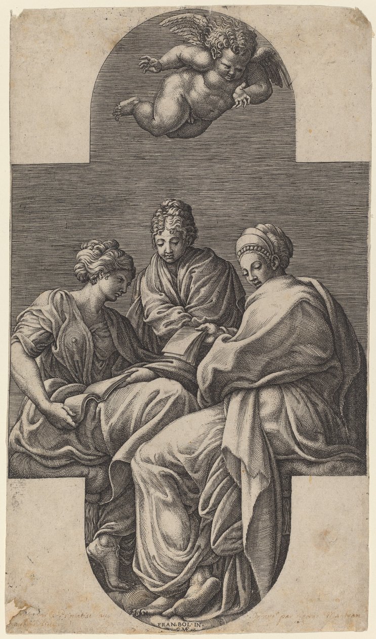 Three Muses and a Gesturing Putto by Giorgio Ghisi after Francesco Primaticcio